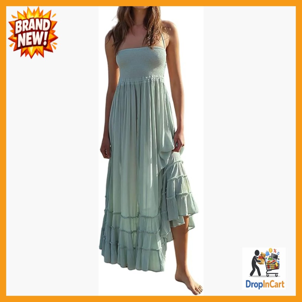 Boho Backless Maxi Dress Halter Tie Waist Ruffled Hem Summer Formal Elegant